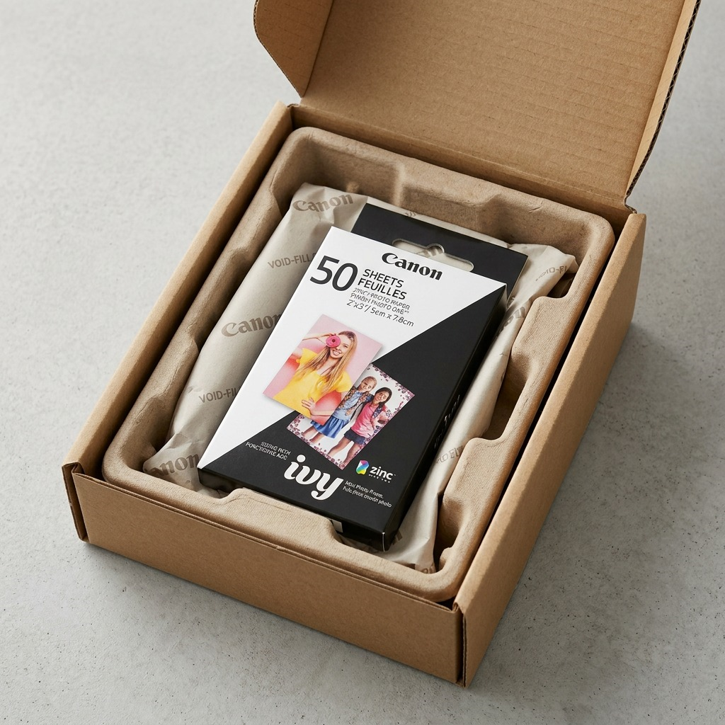 A premium close-up of a perfectly intact Canon Ivy ZINK photo paper box on a clean surface.