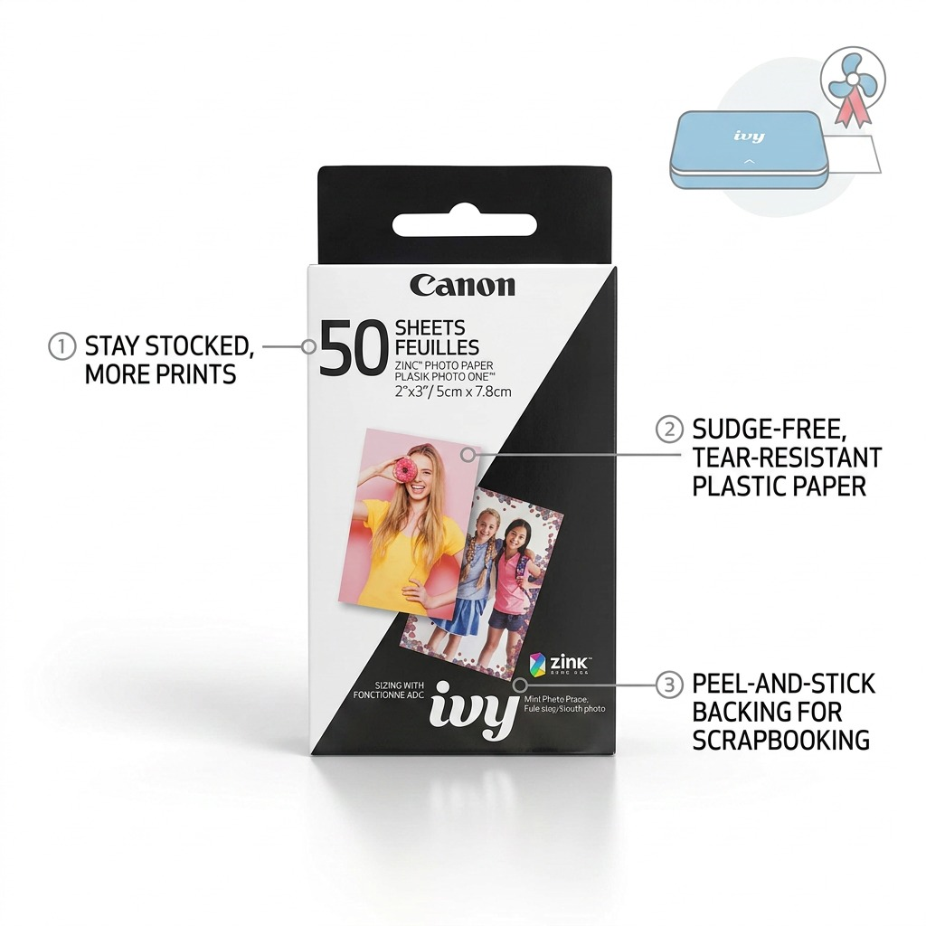 Canon IVY Mini Photo Printer zink paper 50-sheet pack with feature callout for zero ink.
