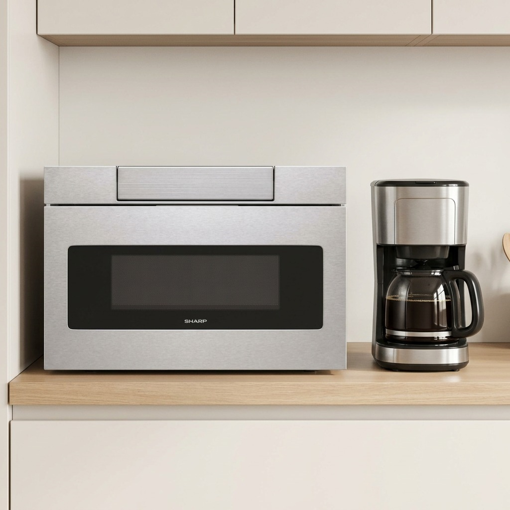 A side-by-side scale comparison of the SHARP 24-inch microwave drawer and an standard coffee machine.