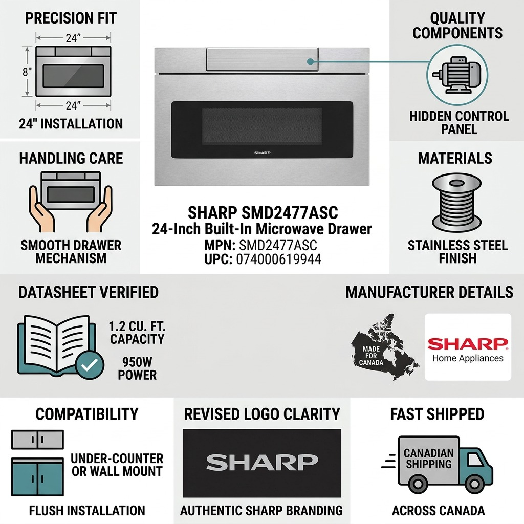 Trust and authority infographic showing the SHARP SMD2477ASC Microwave Drawer and its key features.
