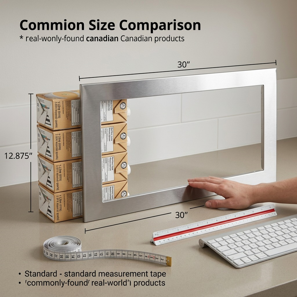 A visualization of the Sharp 30-inch trim kit's scale compared to everyday objects and a human hand in a kitchen environment.