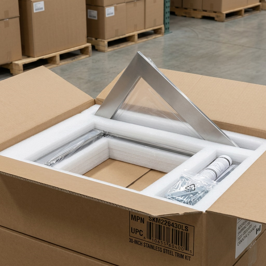 Stainless Steel 30-inch Microwave Trim Kit unboxing scene, protected by foam inserts in a plain corrugate box.