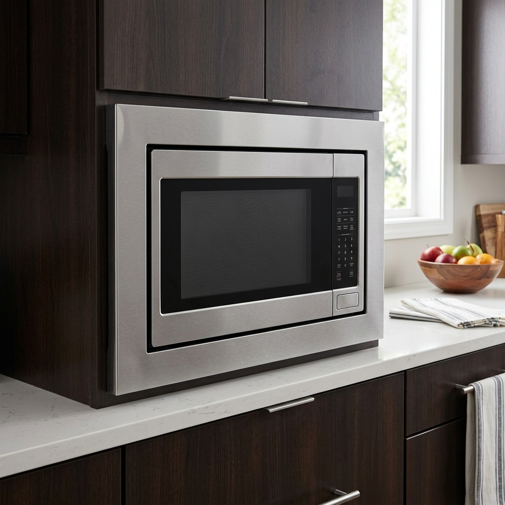 A lifestyle image showing the Sharp SKM226430LS microwave trim kit installed around a built-in microwave in a modern kitchen, with natural light and a clean background.