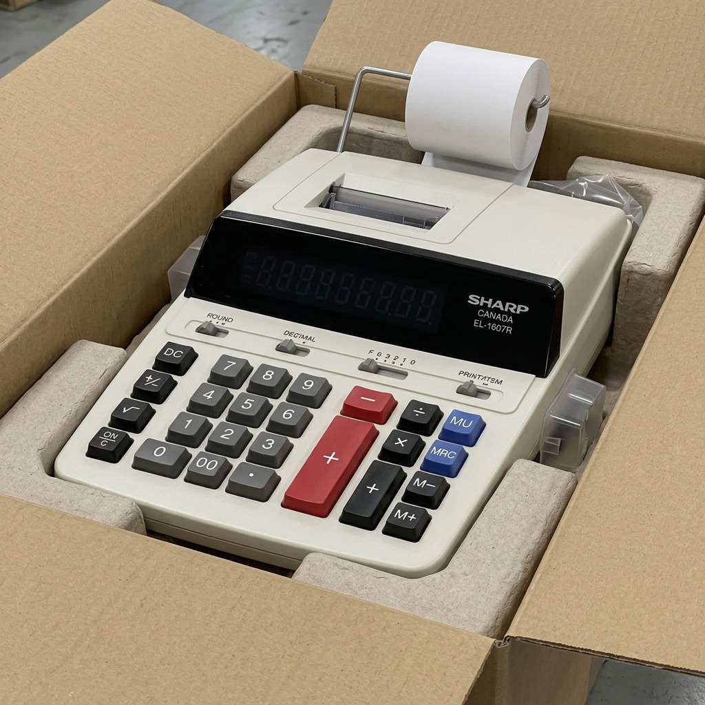 SHARP Canada EL-1607R calculator safely packed in a durable, molded pulp tray within a shipping box.