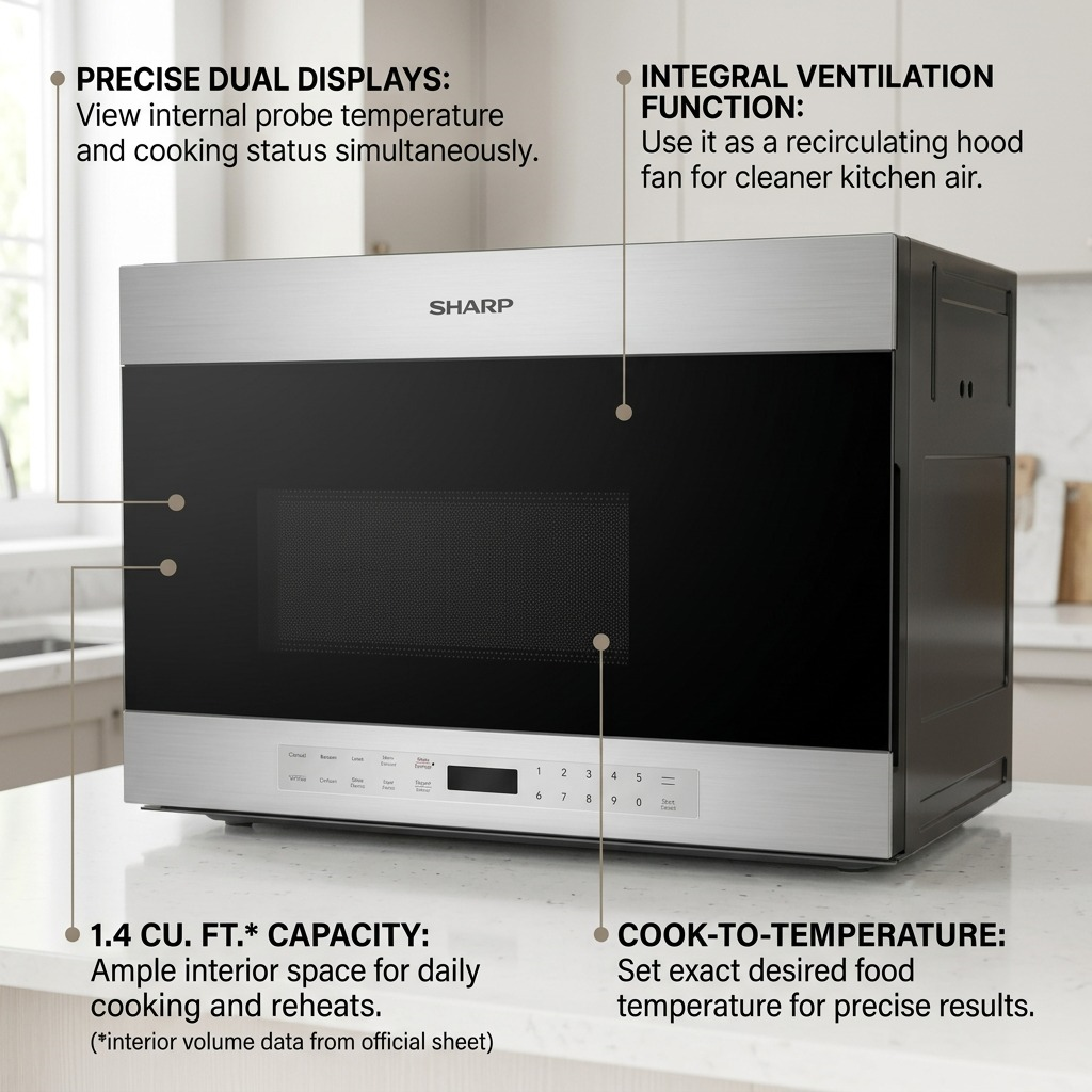 An infographic for the Sharp SMO1461GS microwave, highlighting its key operational features and benefits.