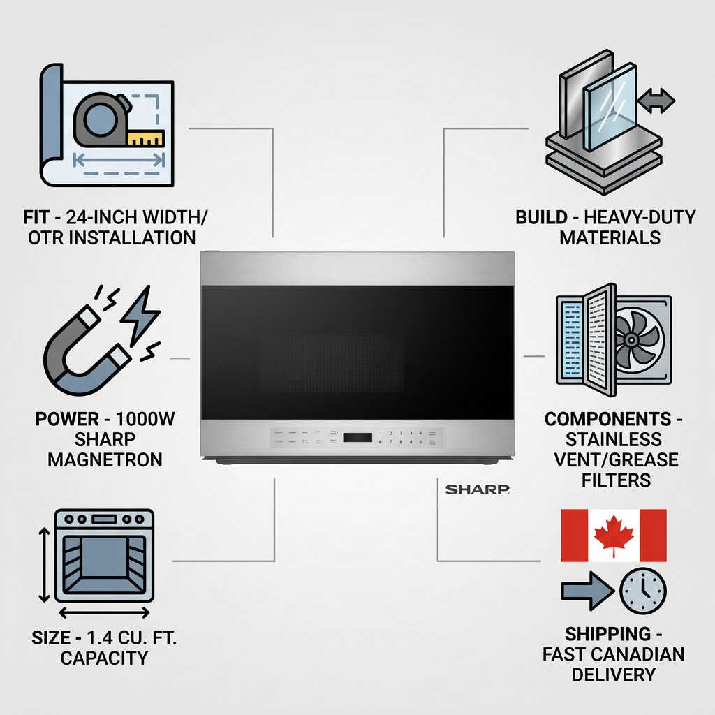 Trust and authority infographic showing the Sharp SMO1461GS microwave with six factual cue points.