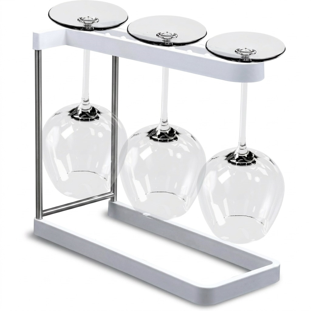 White bio-composite and stainless steel Happy Sinks Wine Glass Rack holding three upside-down glasses.