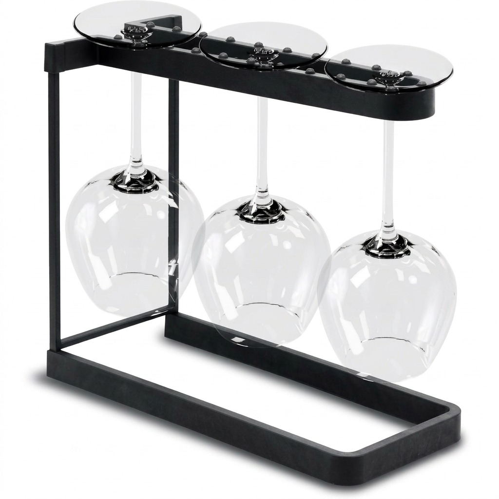 Happy Sinks charcoal wine glass rack holding three inverted stemware glasses for drying.