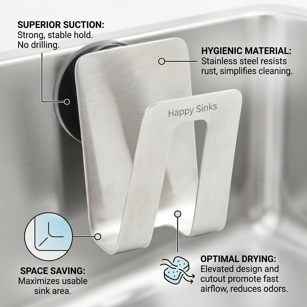 Feature callout graphic for Happy Sinks holder: labels for suction, hygienic material, space-saving design, and airflow drying.