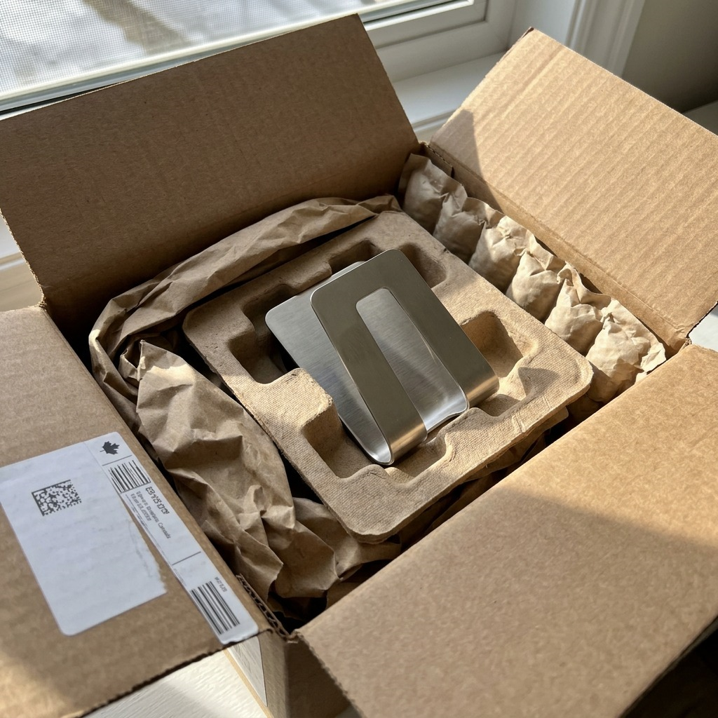 An open cardboard mailing box reveals the stainless steel sponge holder, securely cushioned in protective kraft paper and a corrugated insert, showcasing damage-free delivery.
