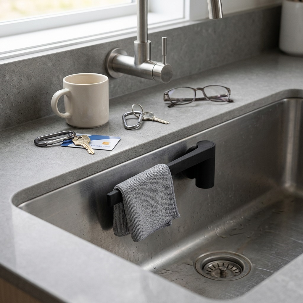 Scale view of the black Happy Sinks Magnetic Dishcloth Holder inside a kitchen sink near a coffee mug.