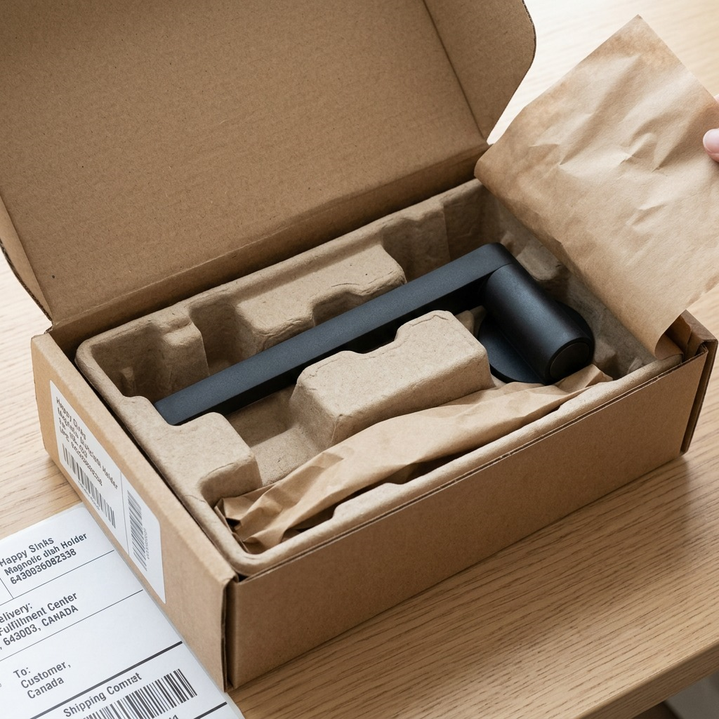 Black Happy Sinks Magnetic Dishcloth Holder in protective cardboard packaging for safe delivery.
