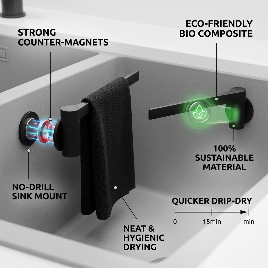 Feature graphic for black Happy Sinks Magnetic Dishcloth Holder highlighting sustainable bio-composite material and no-drill magnetic sink mount.