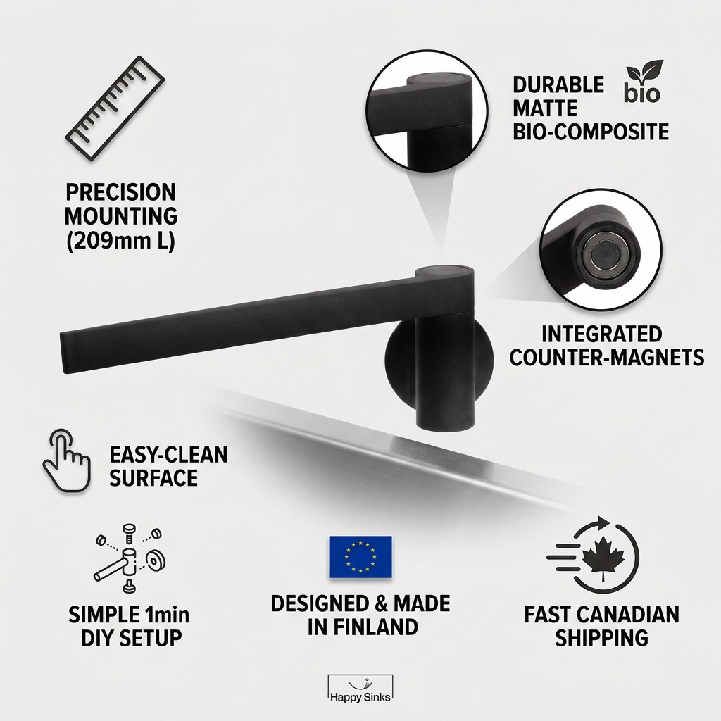Infographic for Happy Sinks black bio-composite magnetic dishcloth holder with feature highlights.