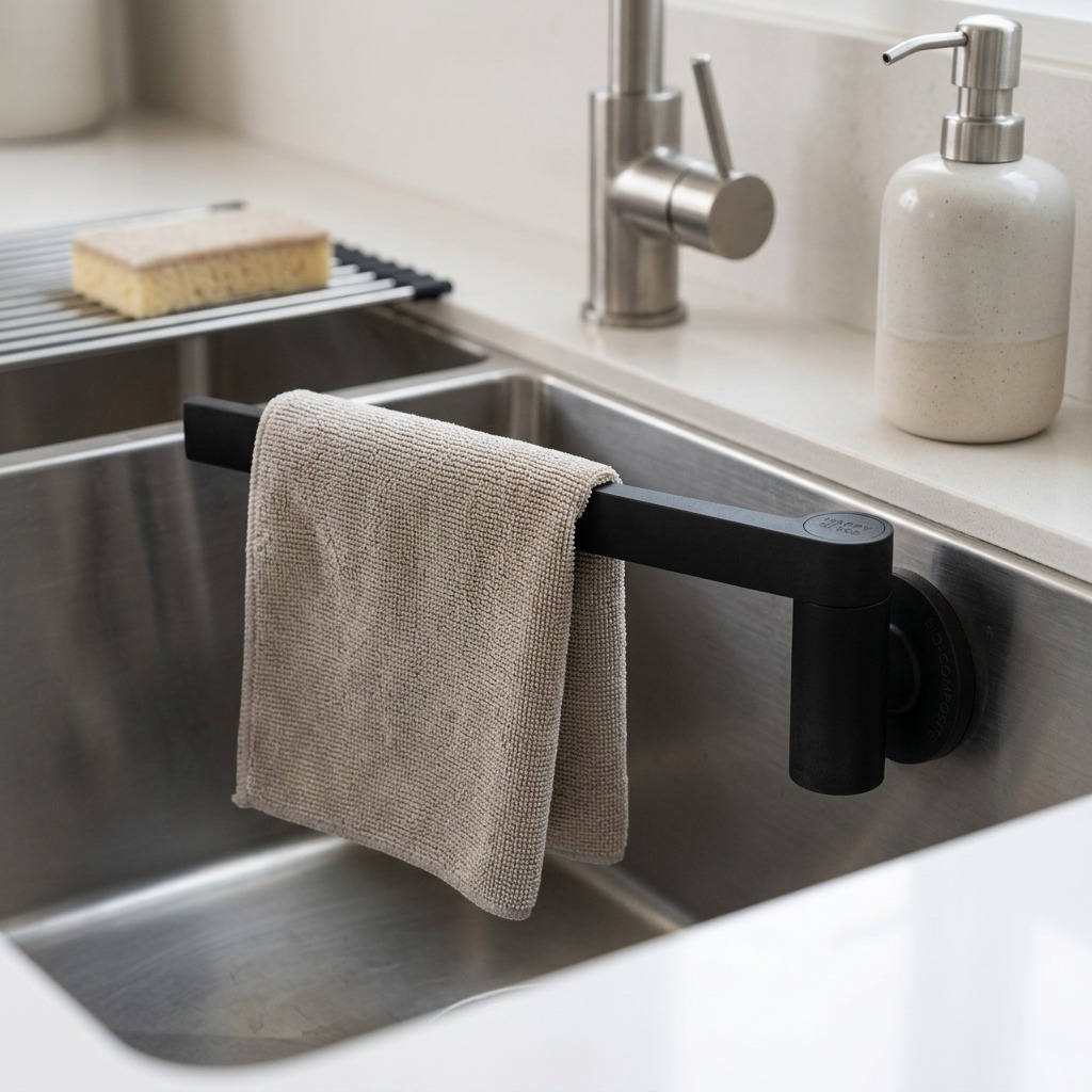Black Happy Sinks Magnetic Dishcloth Holder in a stainless steel sink with a hanging cloth.