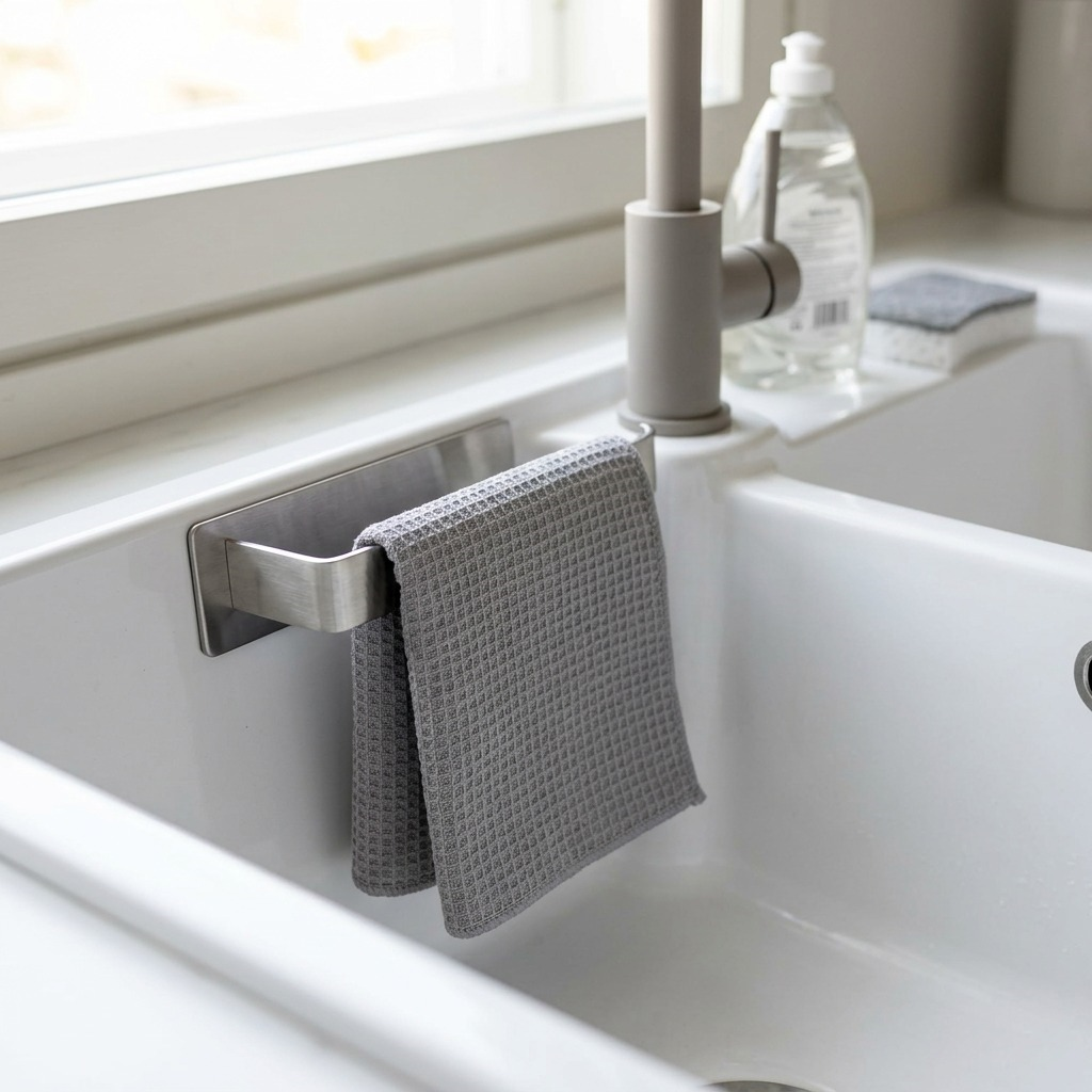 A Happy Sinks stainless steel magnetic dishcloth holder mounted inside a white kitchen sink.