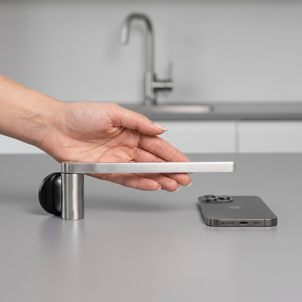 Scale reference of the Happy Sinks stainless steel magnetic dishcloth holder next to a hand and smartphone.