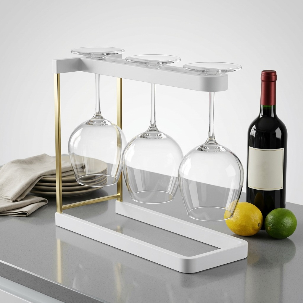 Happy Sinks Wine Glass Rack in white next to a wine bottle and fruit for scale on a countertop.