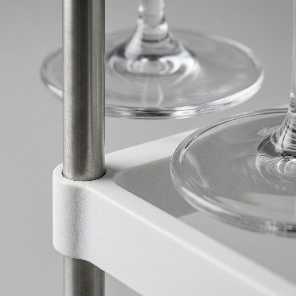 Macro detail of Happy Sinks Wine Glass Rack showing brushed stainless steel and white bio-composite.