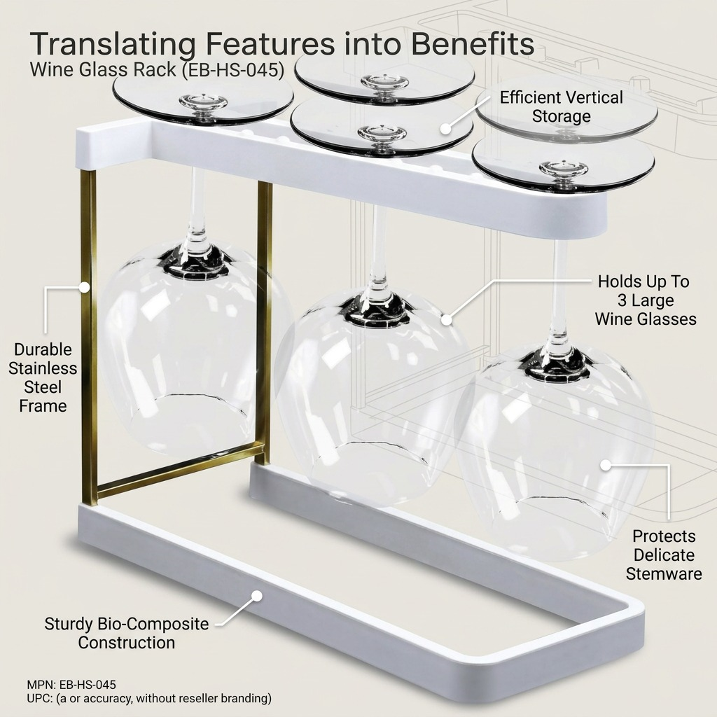 Happy Sinks Wine Glass Rack (EB-HS-045) in white bio-composite showing 3 glasses hanging for storage.