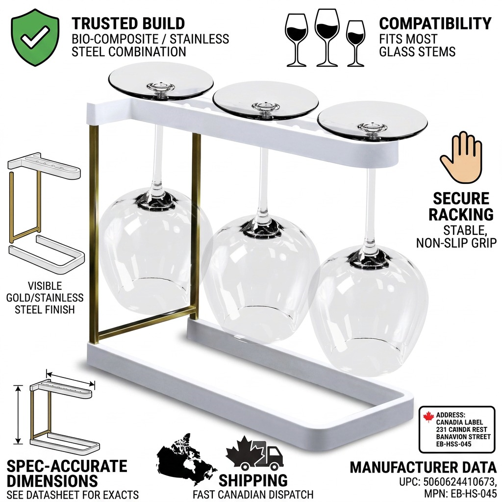Happy Sinks Wine Glass Rack infographic showing bio-composite build and fast Canadian dispatch.