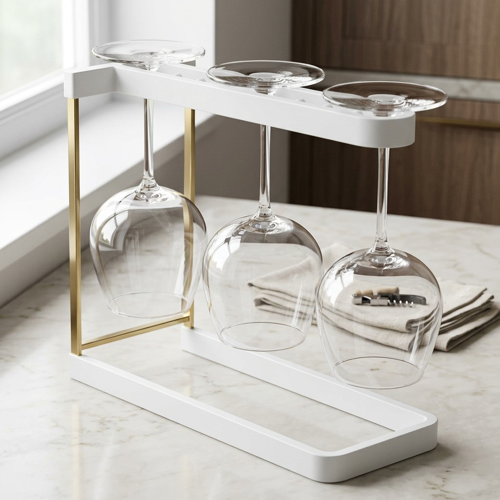 White Happy Sinks Wine Glass Rack holding three upside-down stemmed wine glasses on a kitchen counter.