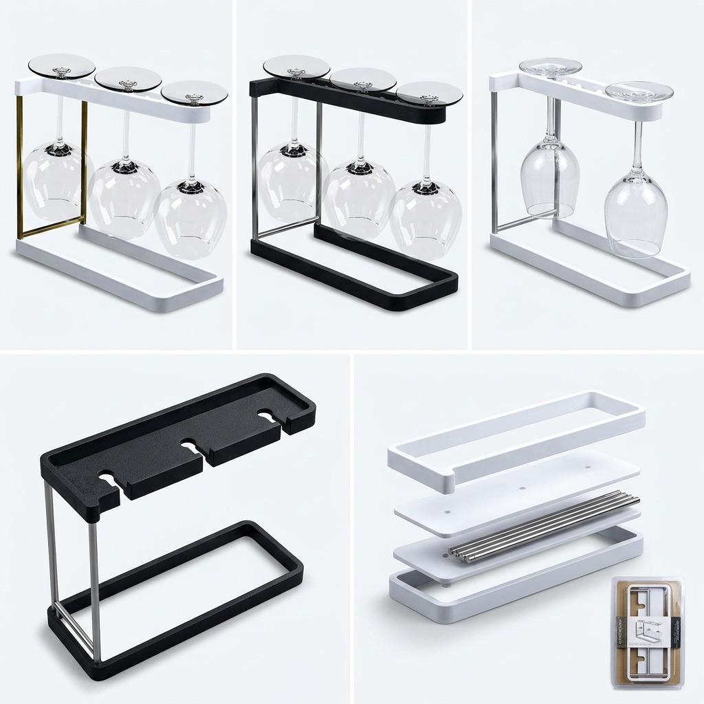 Matrix showing Happy Sinks bio-composite wine glass racks in black and white with assembly view.