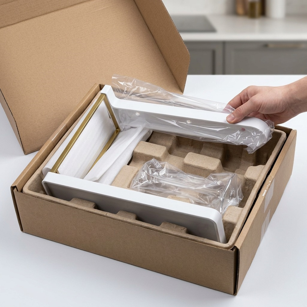 Unboxing the white Happy Sinks Wine Glass Rack from secure protective shipping packaging.