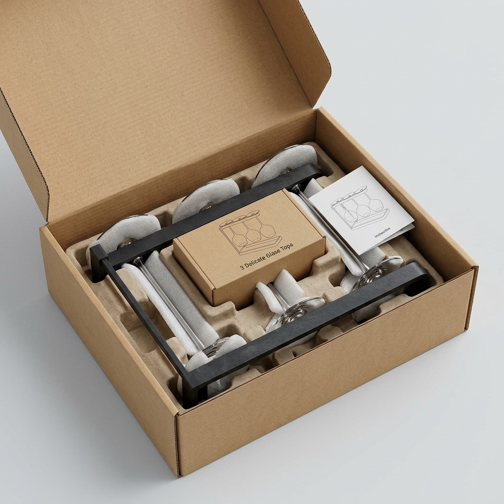Happy Sinks Wine Glass Rack securely packaged in a shipping box with protective molded inserts.