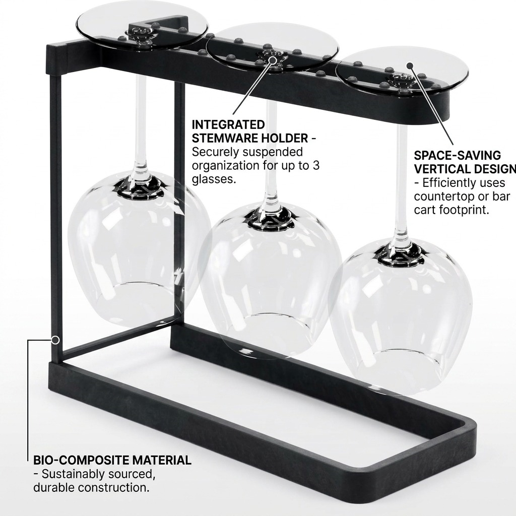 Happy Sinks charcoal wine glass rack showing three glasses suspended on a bio-composite frame.
