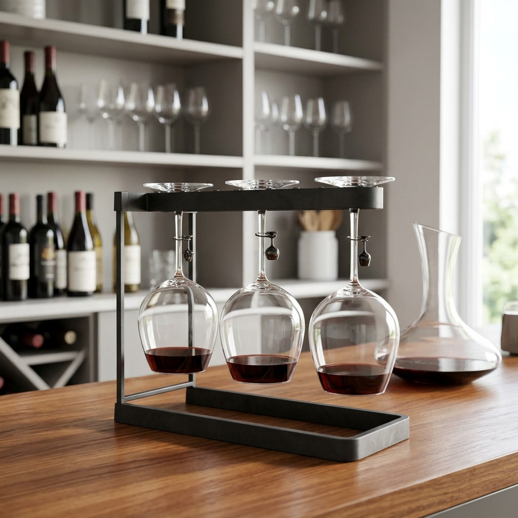 Happy Sinks charcoal wine glass rack holding three glasses on a wooden counter in a kitchen.