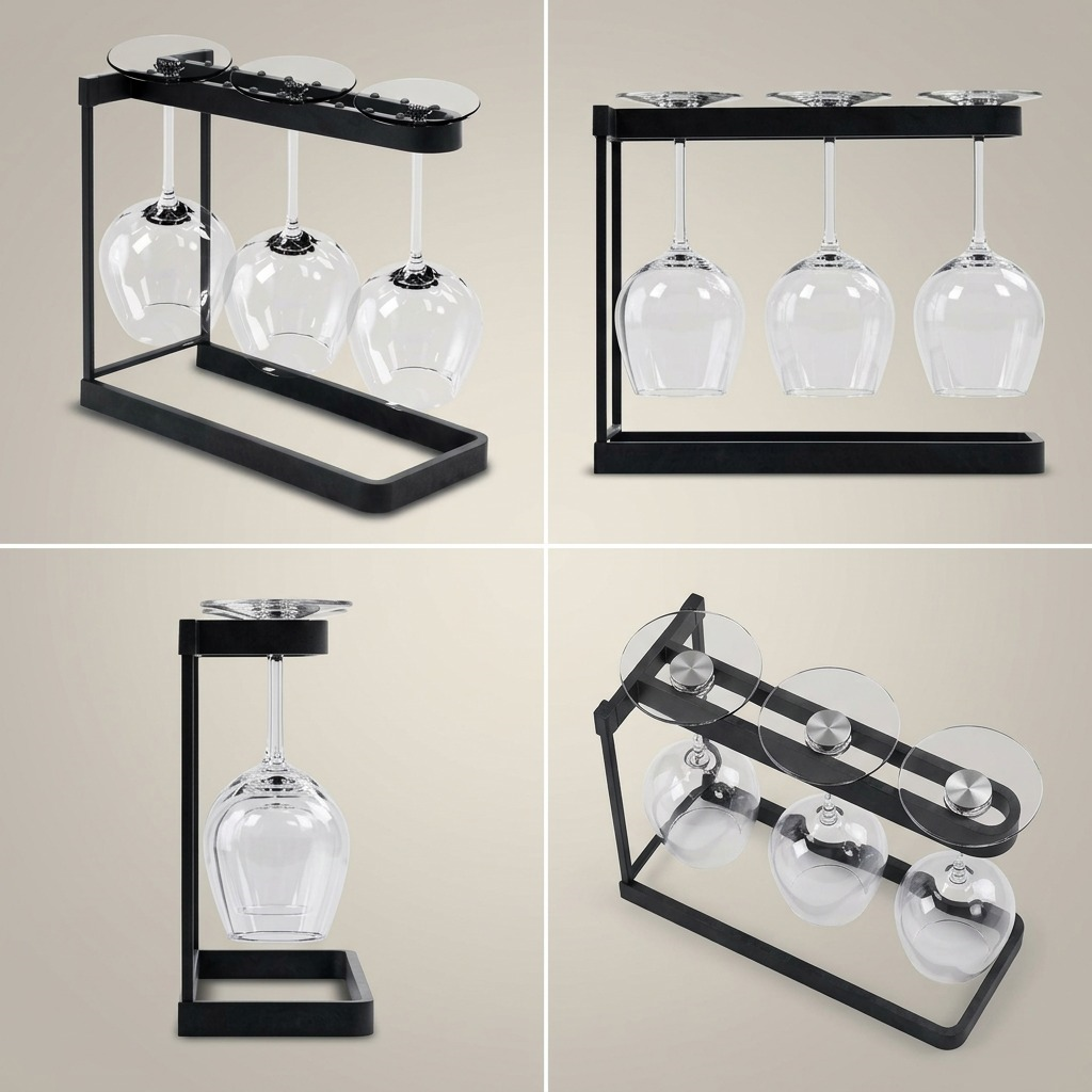 Four views of the charcoal Happy Sinks Wine Glass Rack holding three upside-down wine glasses.