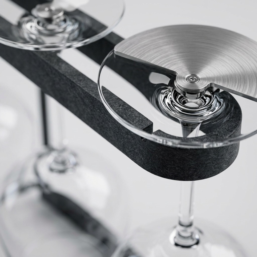 Macro detail of Happy Sinks charcoal bio-composite wine rack with brushed stainless steel hardware.