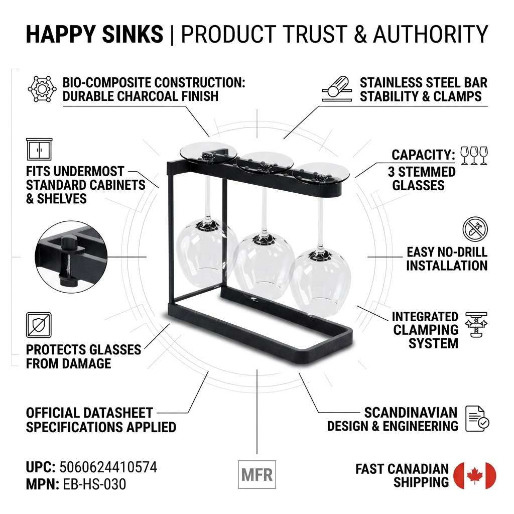 Happy Sinks charcoal wine glass rack infographic detailing bio-composite construction and easy installation.