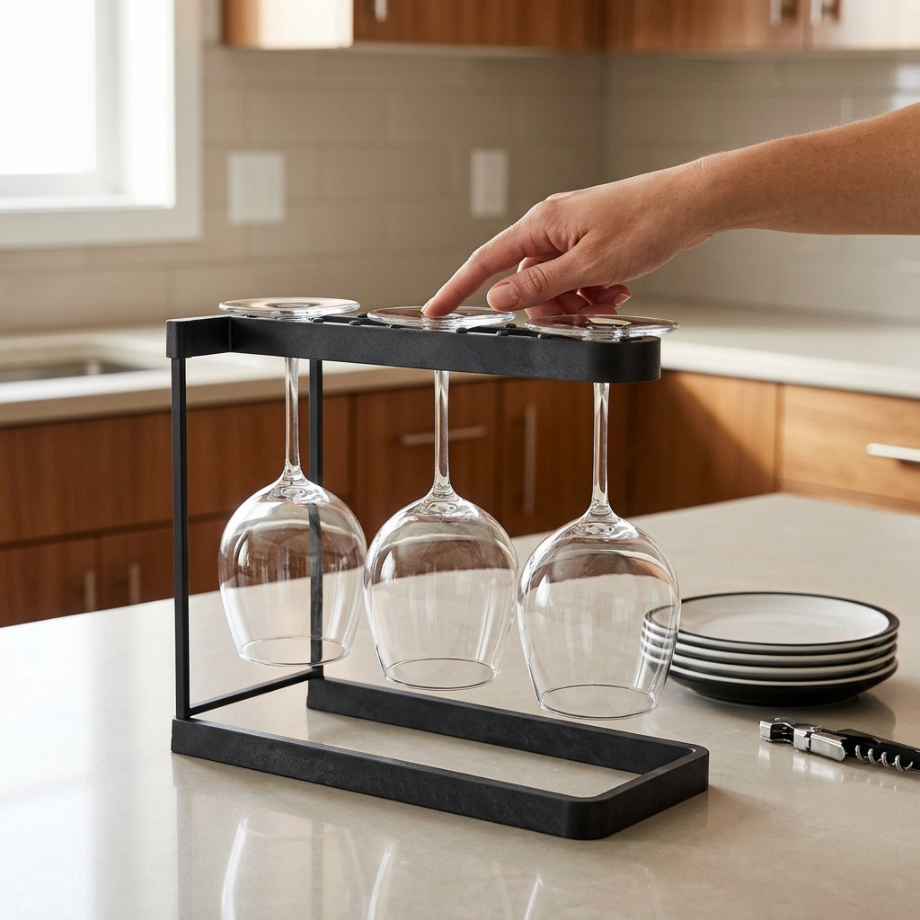 A hand touches the Happy Sinks charcoal wine glass rack holding three glasses for scale reference.