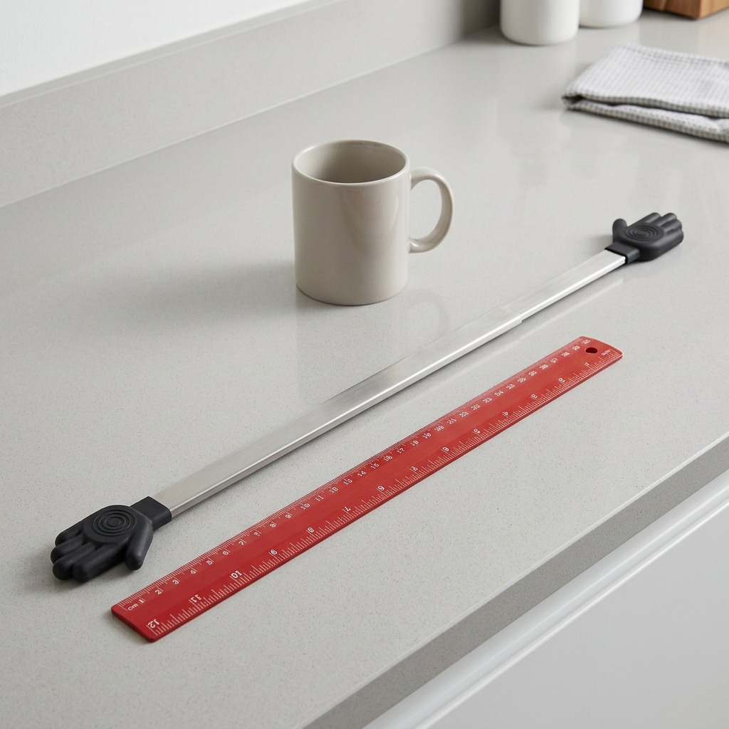 Happy Sinks Wunderbar expandable over-sink bar shown beside a ruler and coffee mug for scale.