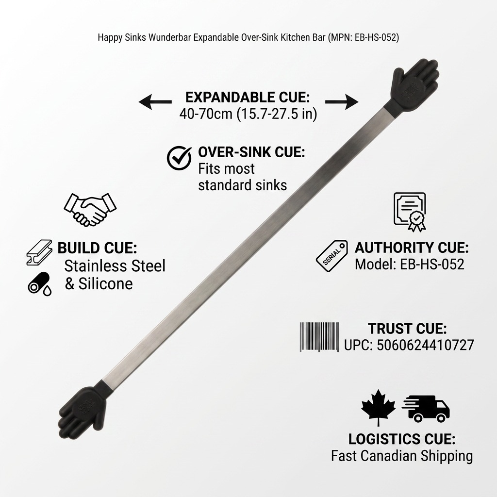 Infographic for Happy Sinks Wunderbar over-sink bar, 40-70cm, stainless steel with fast Canadian shipping.