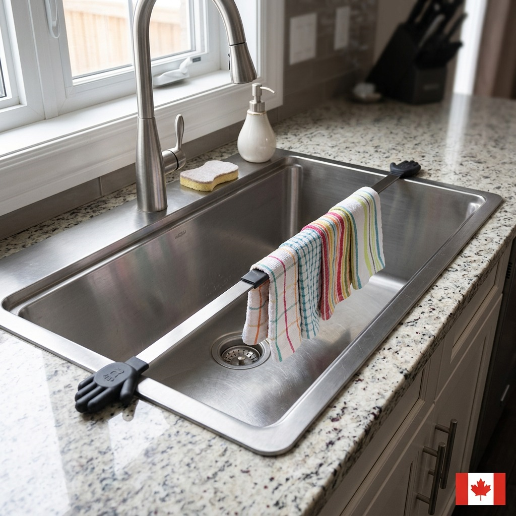 Happy Sinks Wunderbar expandable over-sink bar in a kitchen holding dish towels across a metal sink.