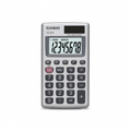 Casio HS-8VA solar-powered compact calculator with metal faceplate and 8-digit LCD display.