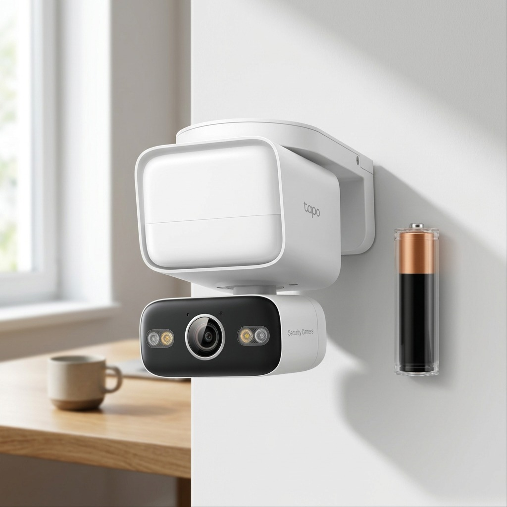 Scale reference image of Tapo C710 security camera mounted on a wall next to a standard AA battery.