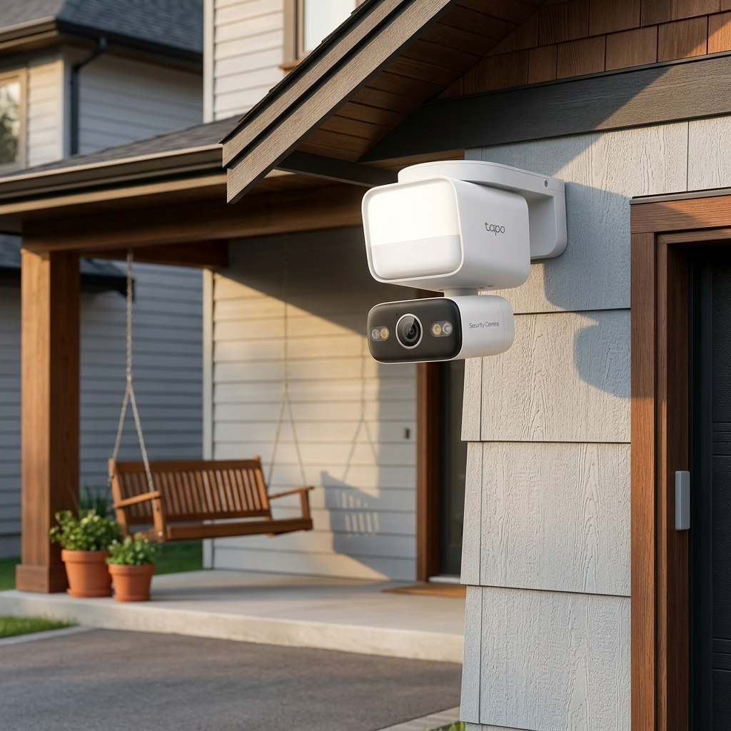 TP-Link Tapo C710 security floodlight camera shown installed above a home's entryway.