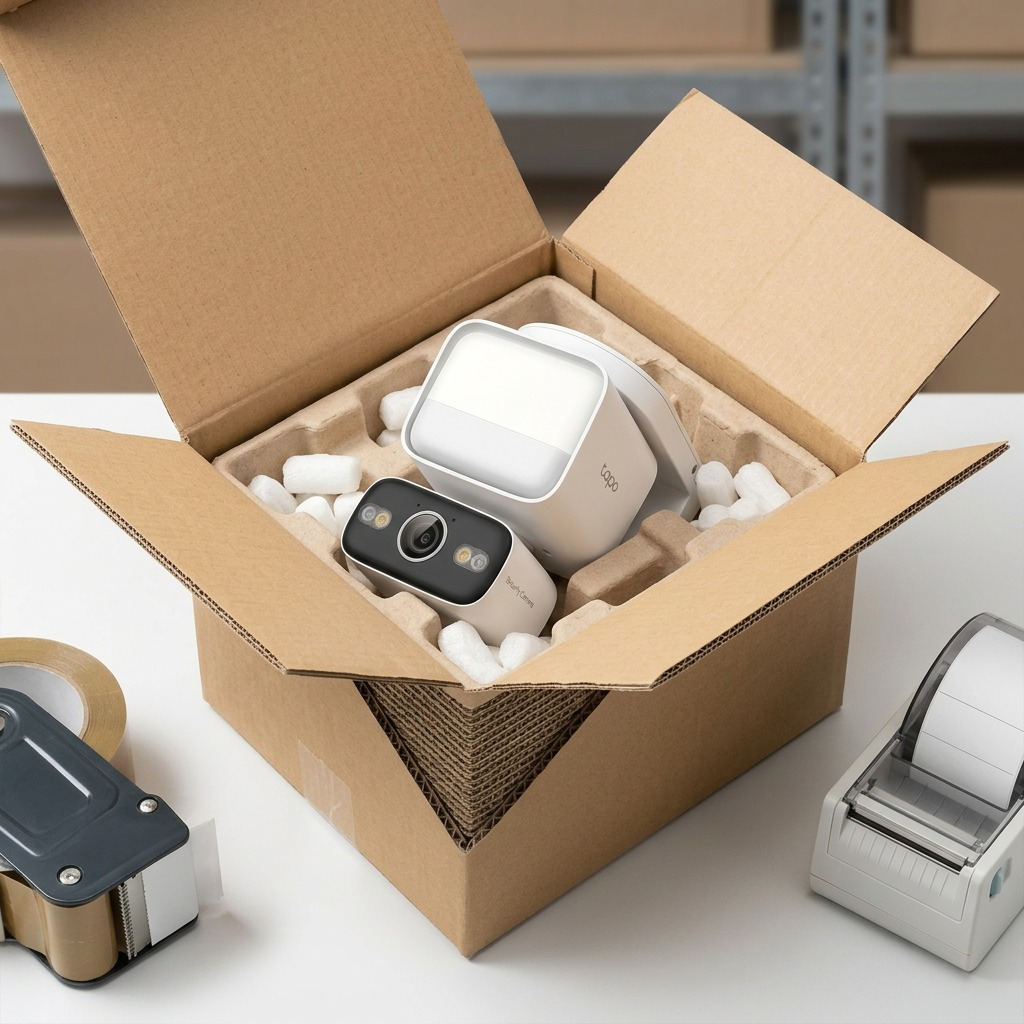 An open, heavy-duty cardboard shipping box with protective padding holds the Tapo C710.