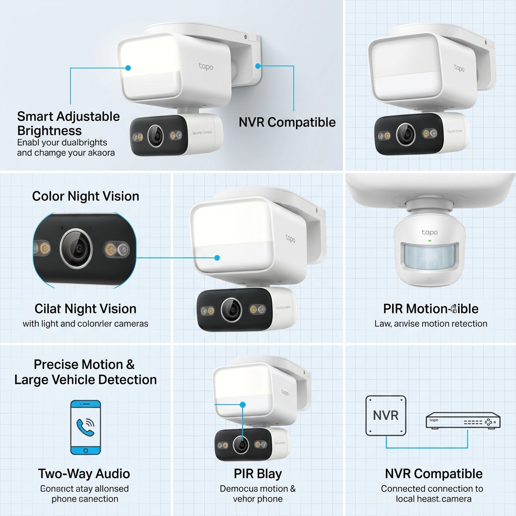 Tapo C710 operations: Color Night Vision, adjustable brightness, vehicle detection, compatible NVR connectivity visualized via matrix.