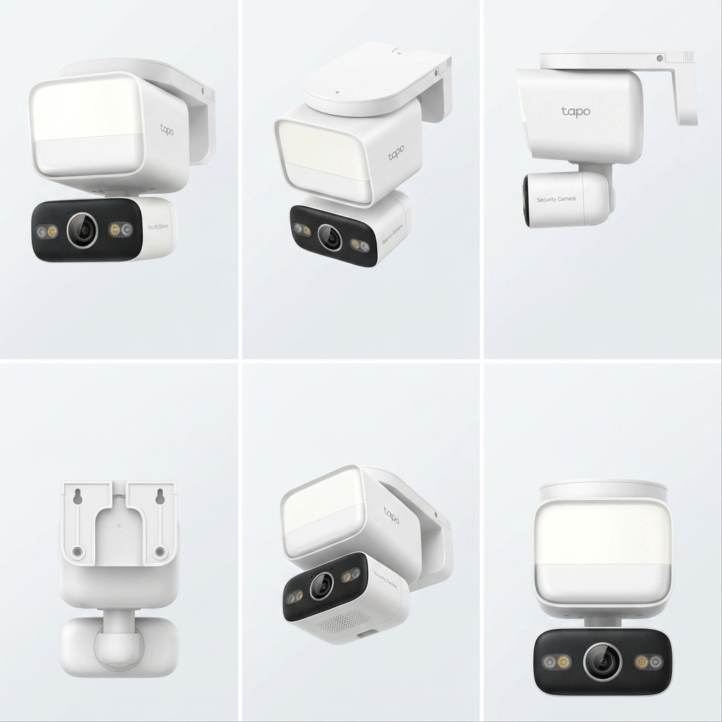 A six-cell product matrix on a light gray background, presenting the canonical black-and-white TP-Link security camera with its integrated floodlight from six distinct angles, illustrating its full design and functional features.