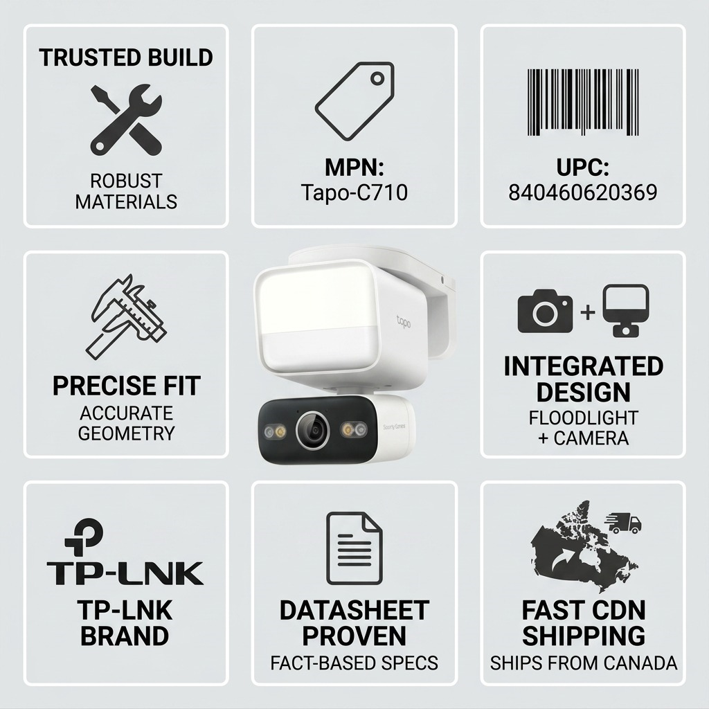 TP-Link Tapo C710 security product visual matrix highlighting build, features, and Canadian shipping.