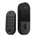 A pure, high-resolution hero shot of the dark charcoal TP-Link Smart Wi-Fi Door Lock, with fingerprint, keypad, and interior lever.