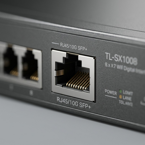 Extreme close-up of the metal housing surface and a 10G SFP+ slot.