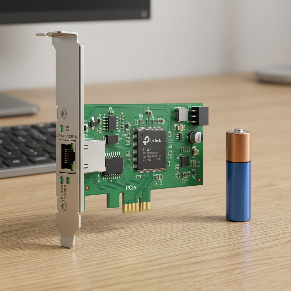 TP-Link TX301 10-Gigabit Network Adapter shown in comparison with a standard AA battery.