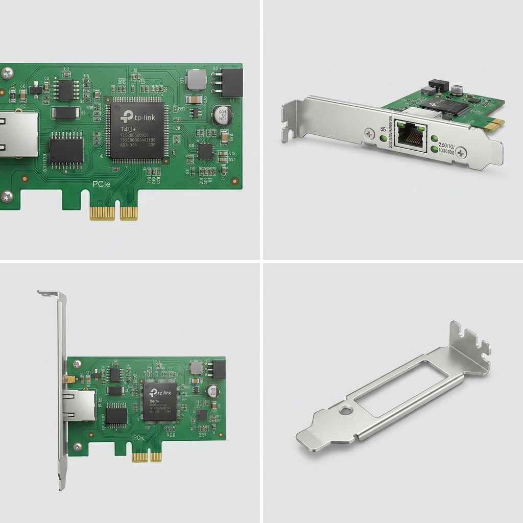 Quadrant view of the TP-Link TX301 5G PCIe adapter and low-profile bracket from four angles.