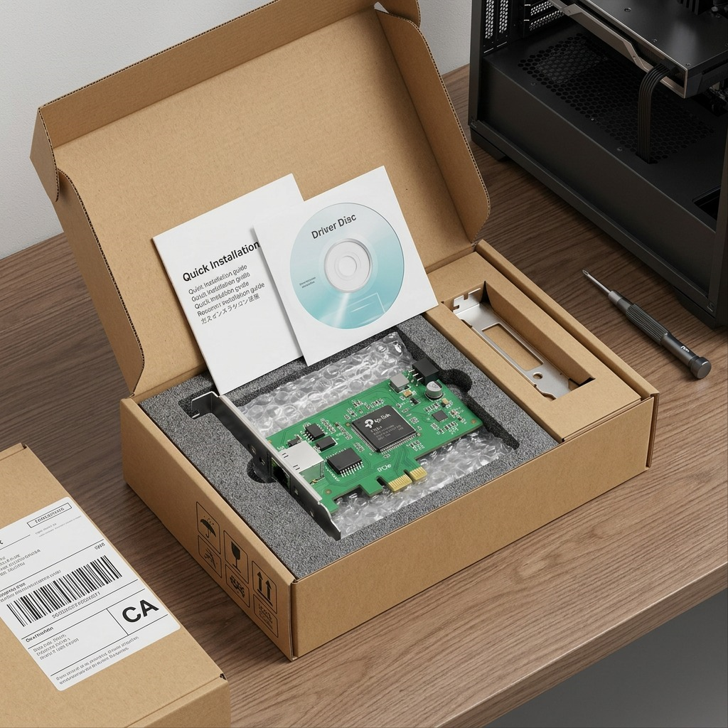 A detailed, realistic photo of the TX301 PCIe network card, its separate low-profile bracket, a driver disc, and install guide, nestled securely in protective bubble wrap and form-fitting packing foam within a clean, open brown shipping box, ready for installation.